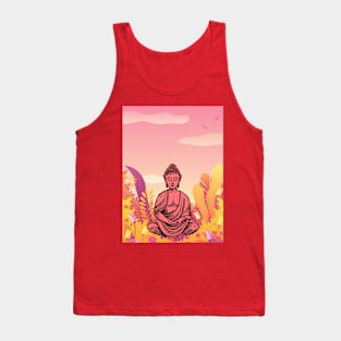 Vibrant Pink and Yellow Mountain Buddha Graphic Tank Top